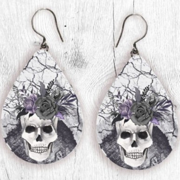 None Jewelry - Halloween 1 In. Skull Teardrop Earrings with Floral Design